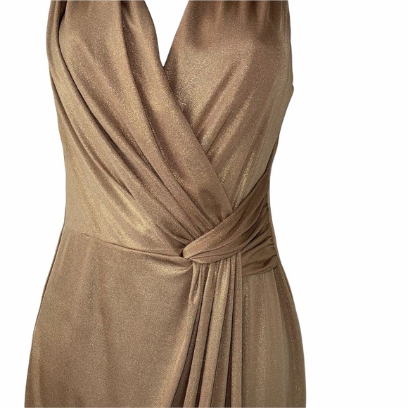 Donna Morgan Shimmery Metallic Gold V Cut Cinched Waist Cocktail Dress Size 2P - Picture 6 of 9